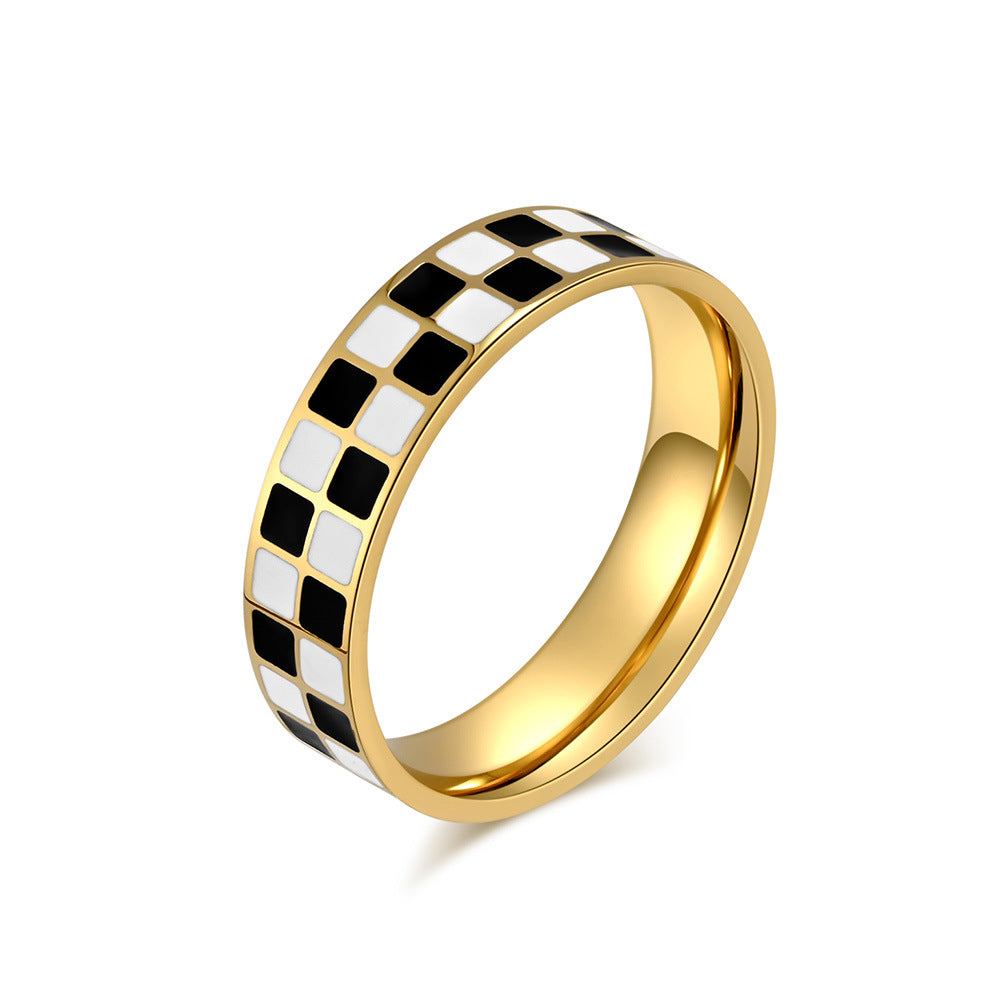 Black and white checkered titanium steel tail ring ring women's square fashion commuting small fragrance accessory