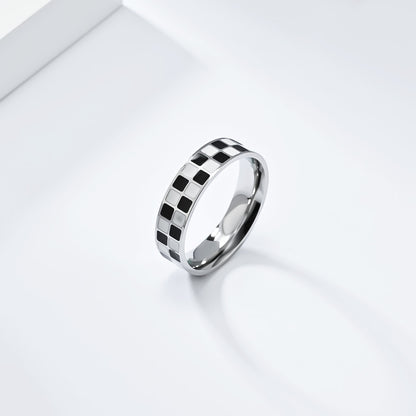 Black and white checkered titanium steel tail ring ring women's square fashion commuting small fragrance accessory